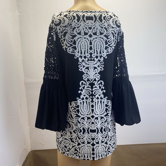 ALFANI Women‎ Tunic Black White Floral Round Neck 3/4 Sleeve Stretch Top S Used - Picture 10 of 14